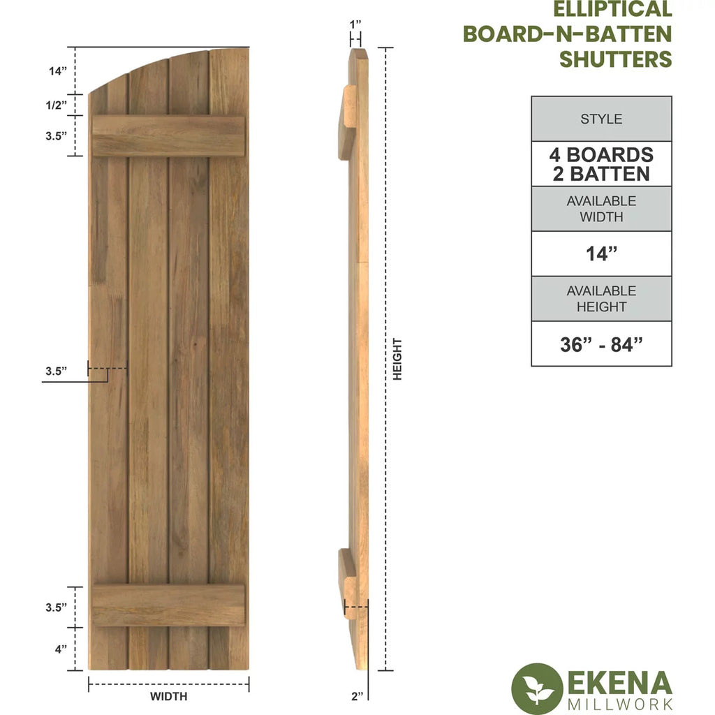 14"W x 58"H Real Wood Board-n-Batten Shutters with Elliptical Top, Starless Night Blue Z262