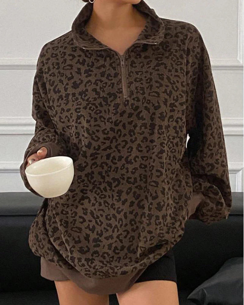 Women Zip Up Long Sleeve Leopard Print Sweatshirt A357361