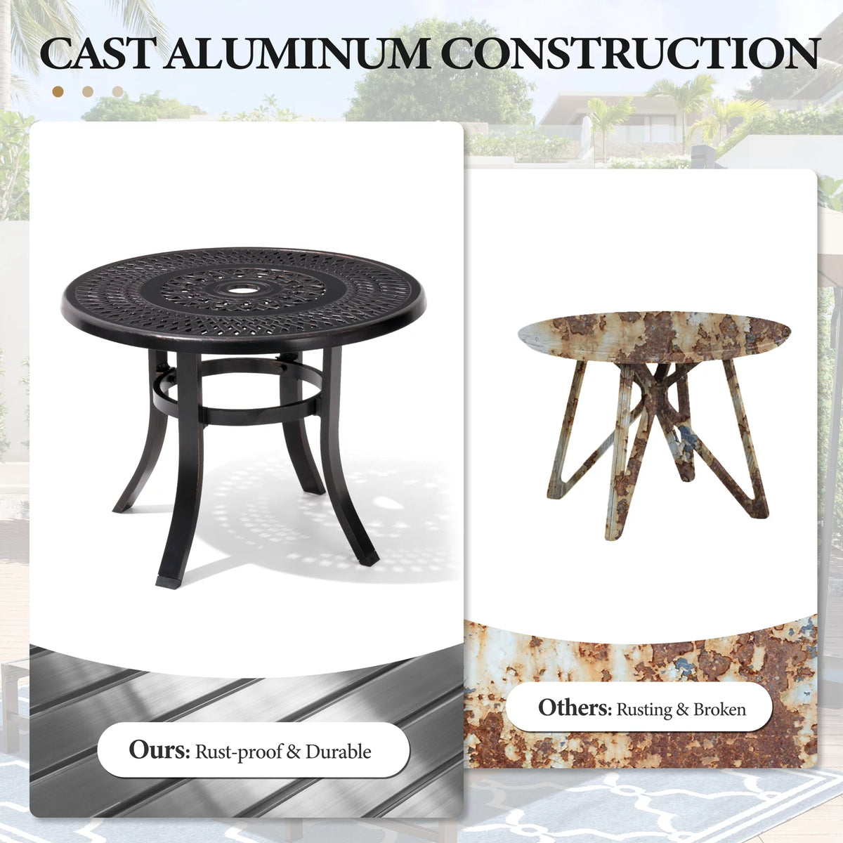 Cast Aluminum Round Patio Side Table with Umbrella Hole Black K18113