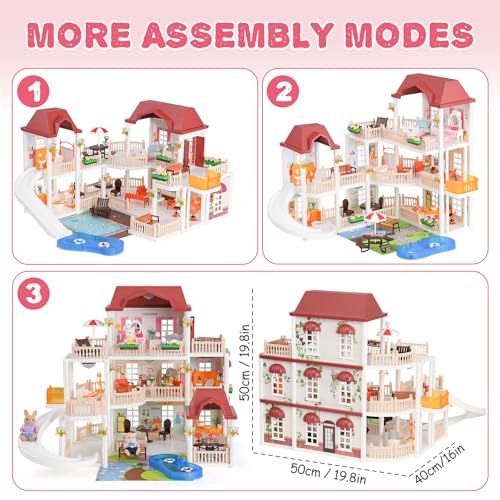 Dollhouse with 4 Doll Toy Figures, Pool Slide, Elevator, Furniture and Lights I768576