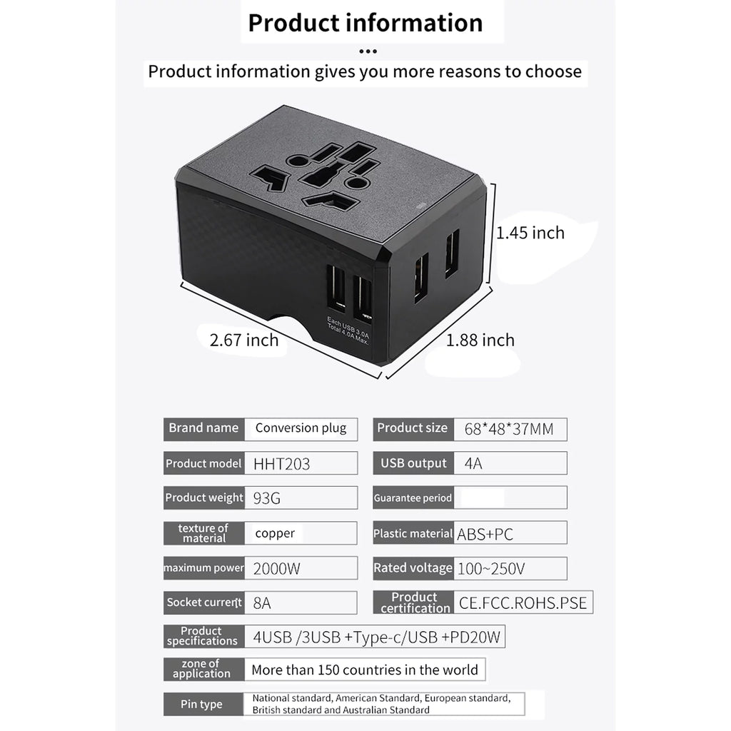 Universal Travel Adapter International Wall Charger AC Plug Adaptor with USB Type-C D546563