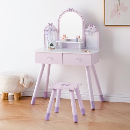 Purple Kids Vanity Set with Mirror, Chair and Storage Drawers J119