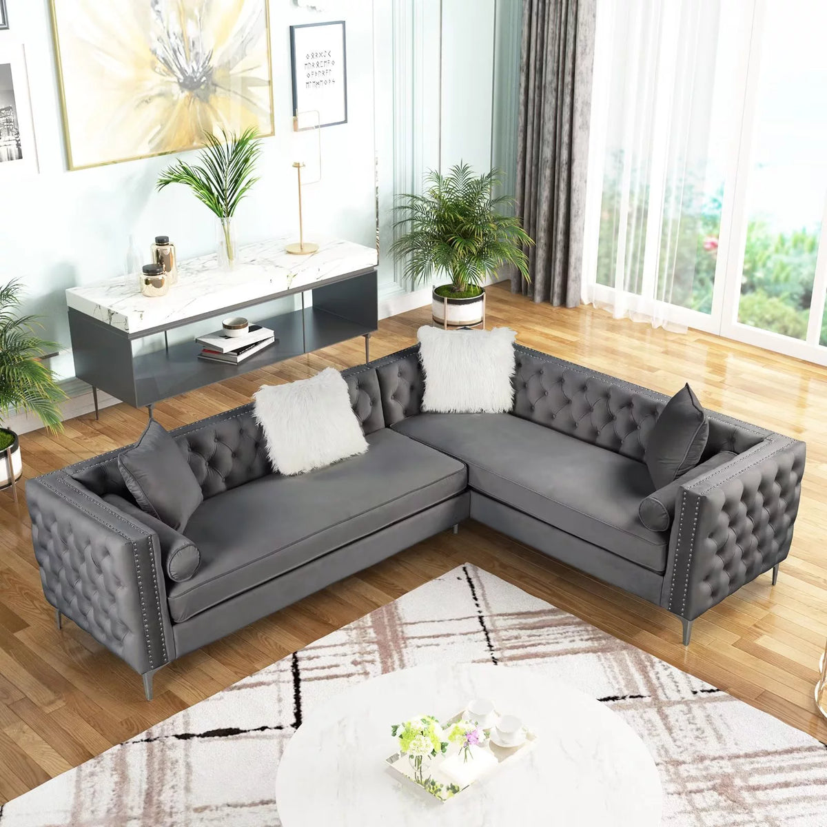 L-Shape Sectional Sofa Velvet Corner Couch Sleeper with Pillows Gray U62625