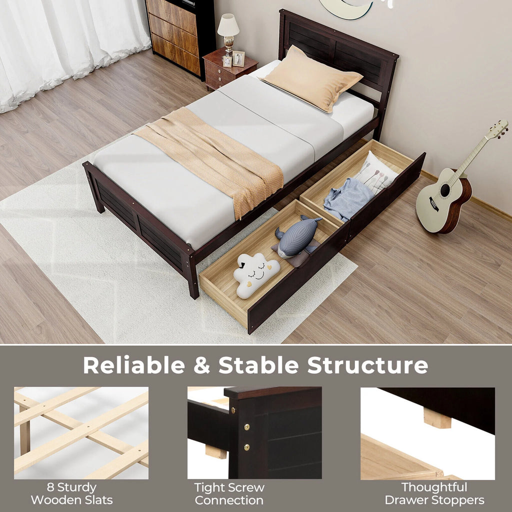 Twin Size Wooden Bed Frame with 2 Storage Drawers H113