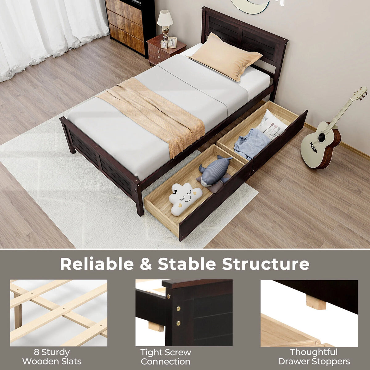 Twin Size Wooden Bed Frame with 2 Storage Drawers H113