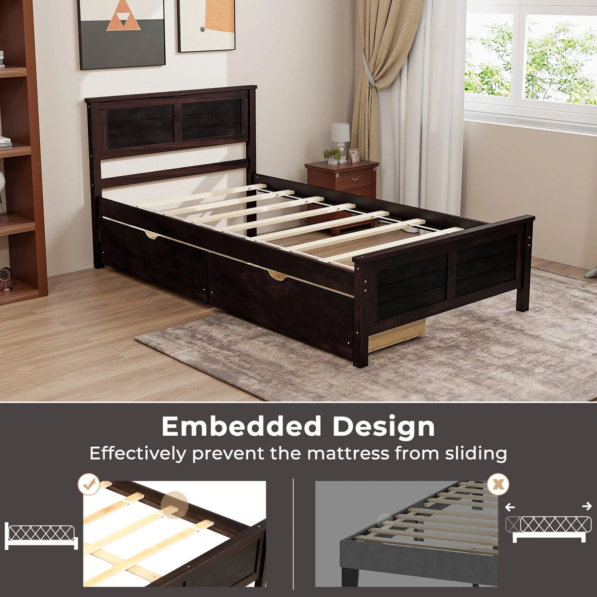 Twin Size Wooden Bed Frame with 2 Storage Drawers H113