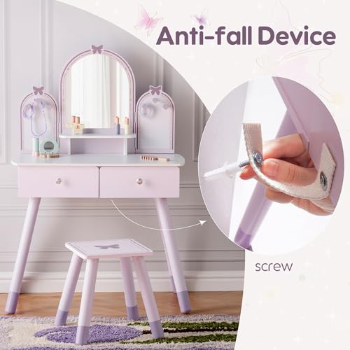 Purple Kids Vanity Set with Mirror, Chair and Storage Drawers J119