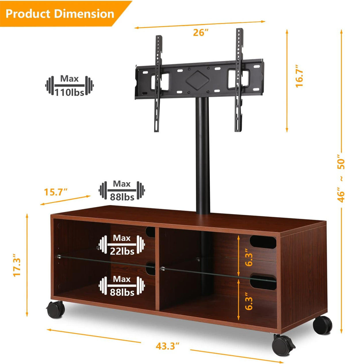 Rolling Wood TV Stand with Swivel Mount and Wheels S3099