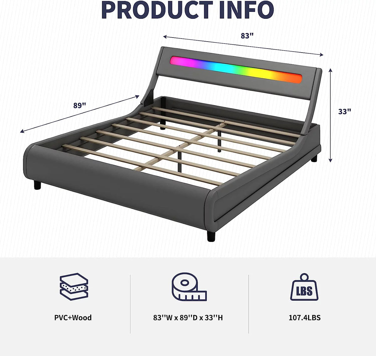 King Size Grey PVC Upholstered Platform Bed Frame M1094