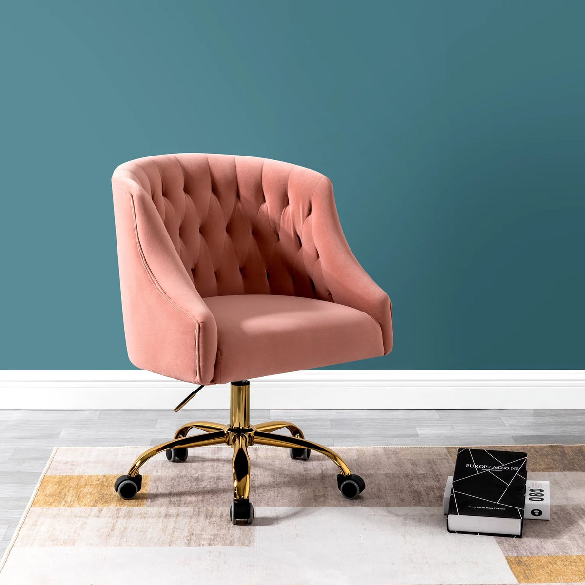Pink Velvet Fabric Swivel Rolling Task Chair L459740