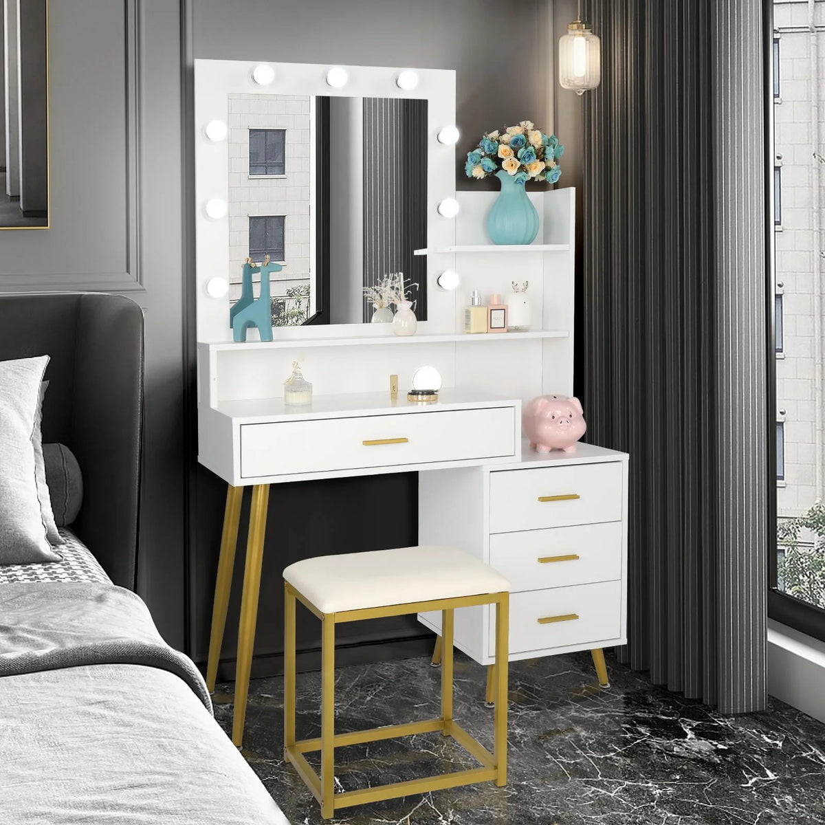 White Vanity Table Set with Lighted Mirror and 4 Drawers B2437