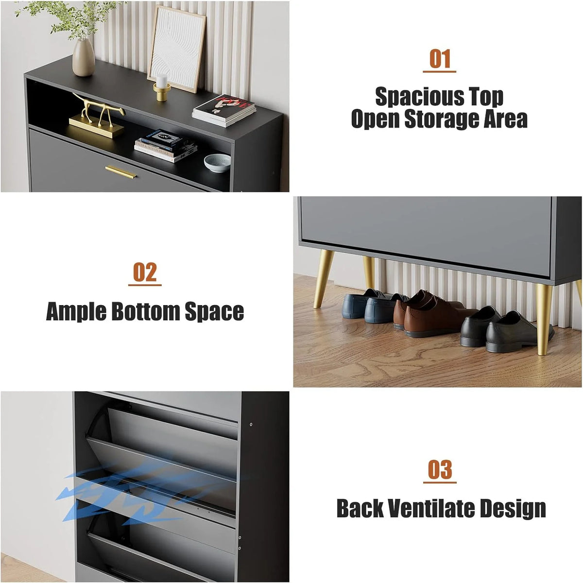 Black Narrow Shoe Cabinet with 2 Flip Drawers O56551