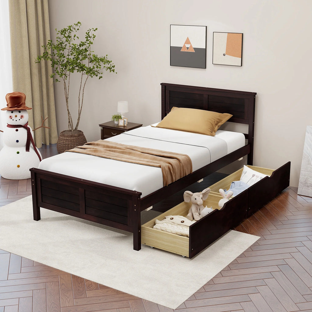 Twin Size Wooden Bed Frame with 2 Storage Drawers H113