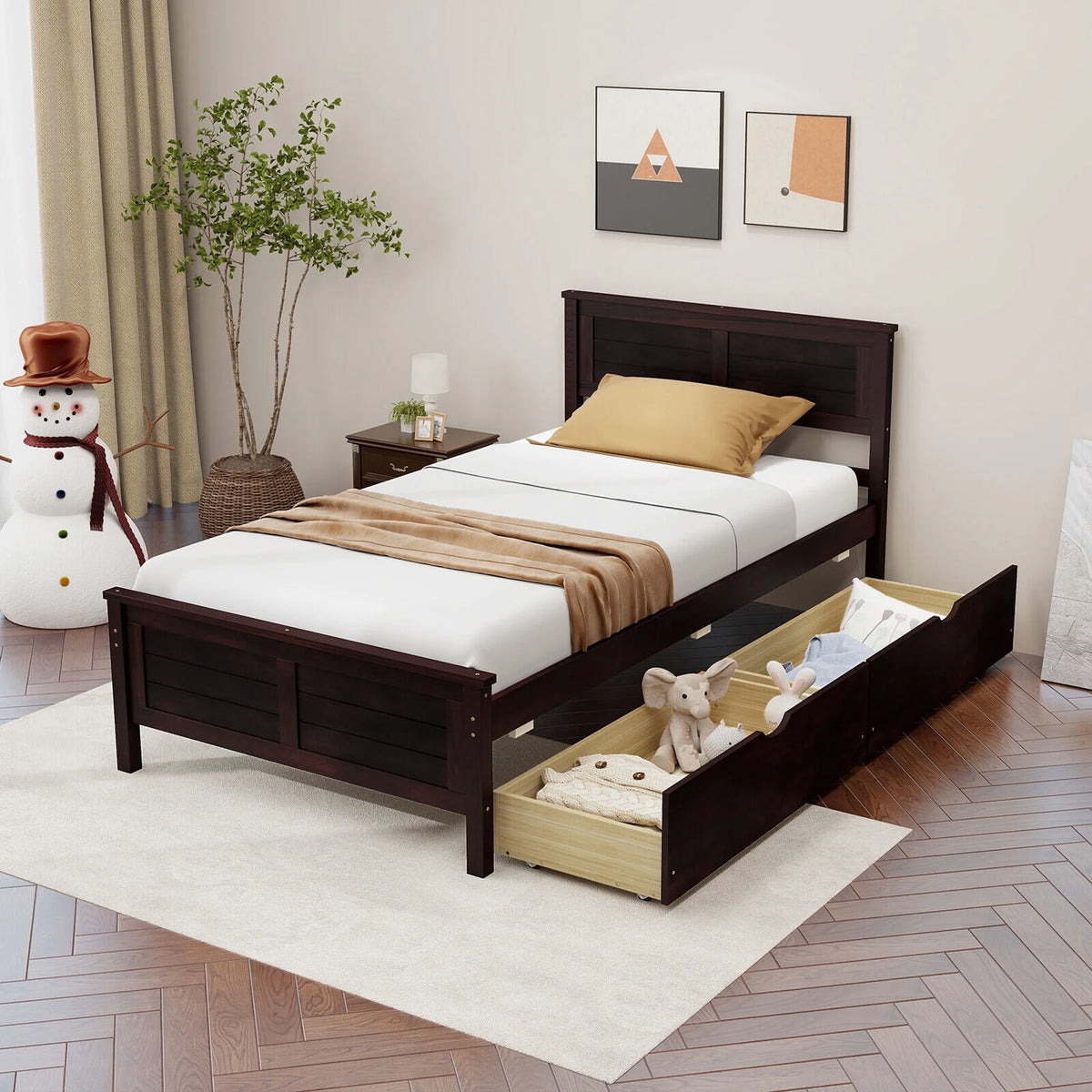 Twin Size Wooden Bed Frame with 2 Storage Drawers H113