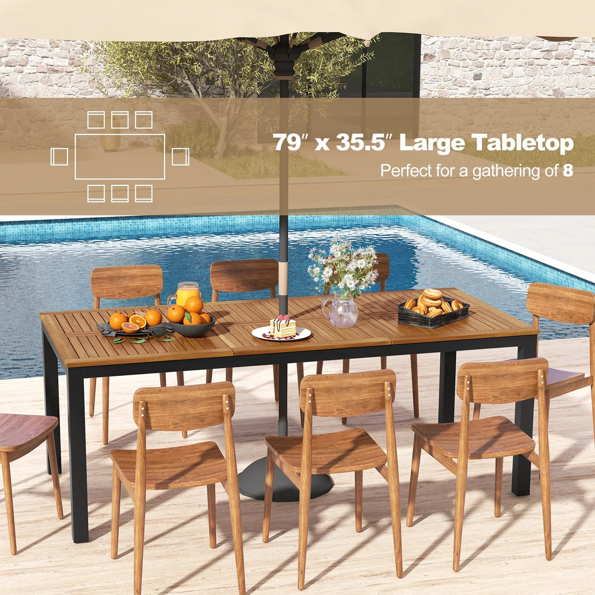 Acacia Wood 8-Person Patio Dining Table with Umbrella Hole H2124