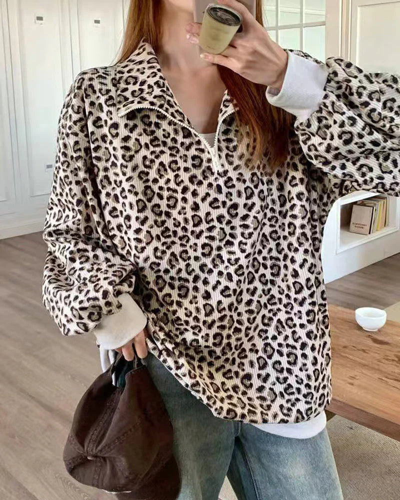 Women Zip Up Long Sleeve Leopard Print Sweatshirt A357361