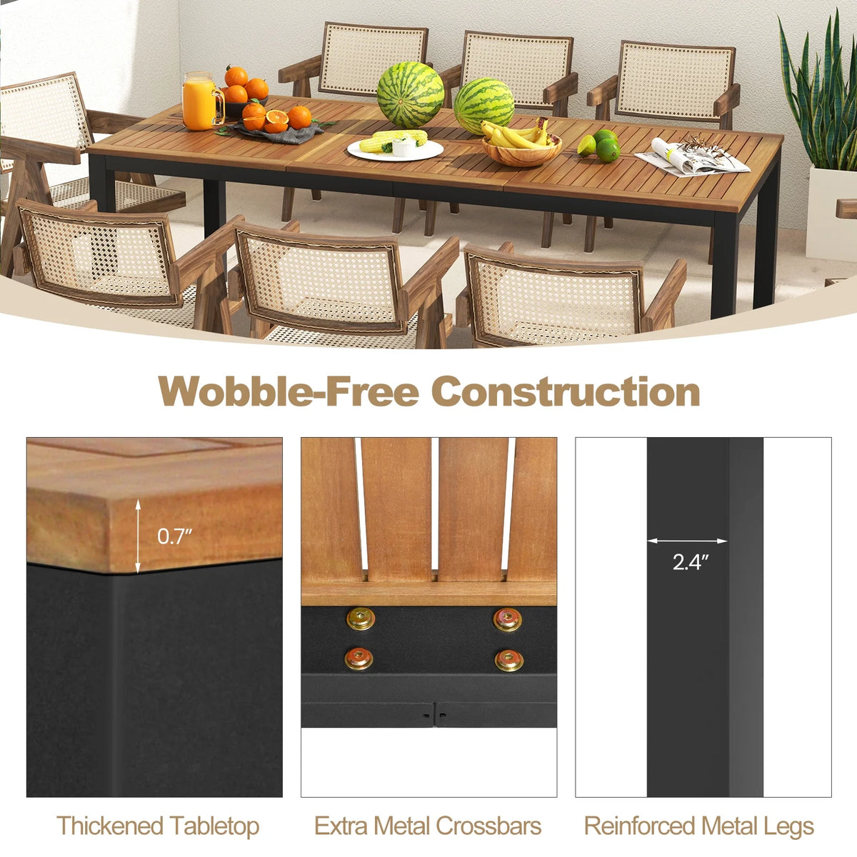 Acacia Wood 8-Person Patio Dining Table with Umbrella Hole H2124