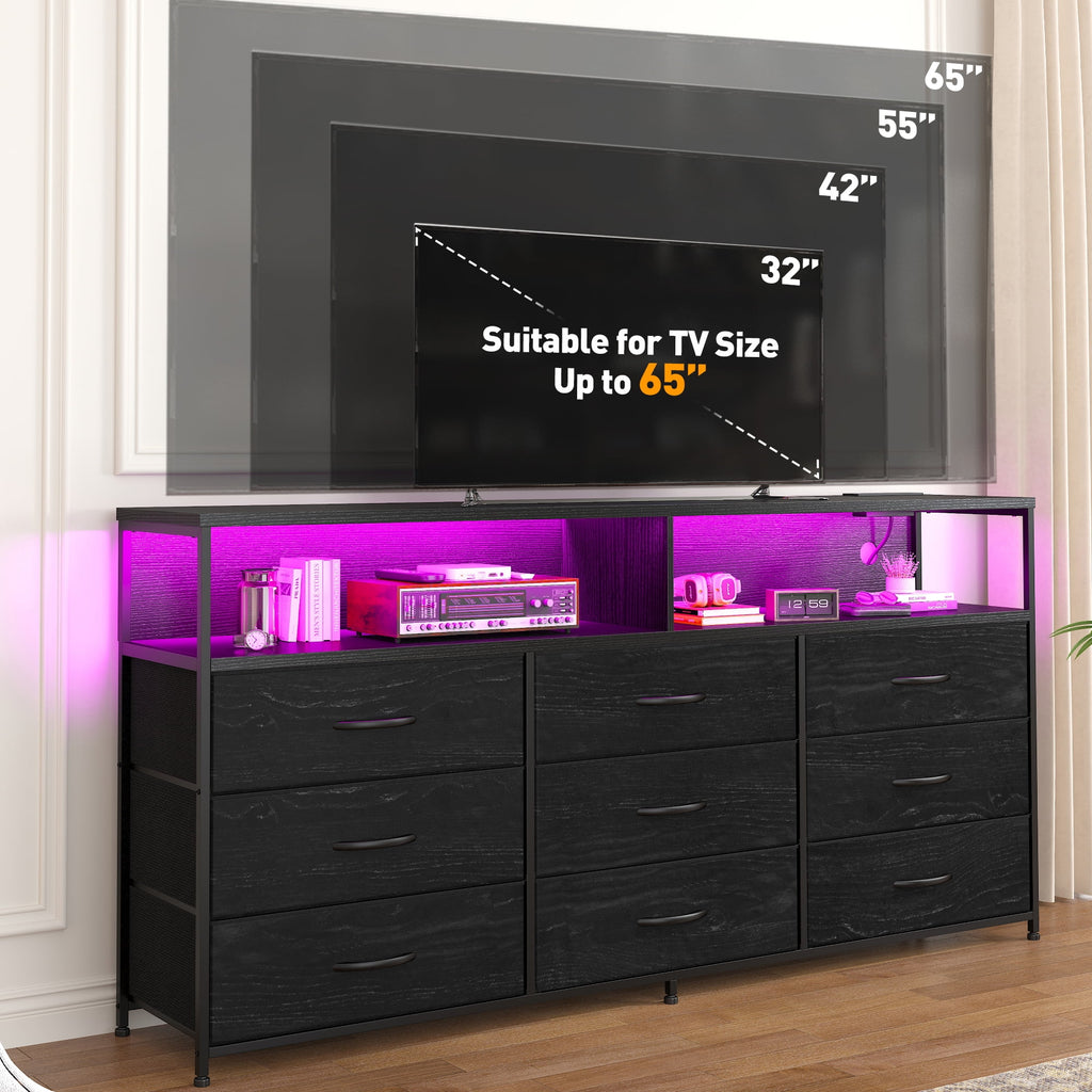 Black Dresser TV Stand with 9 Fabric Drawers & Power Outlet X983