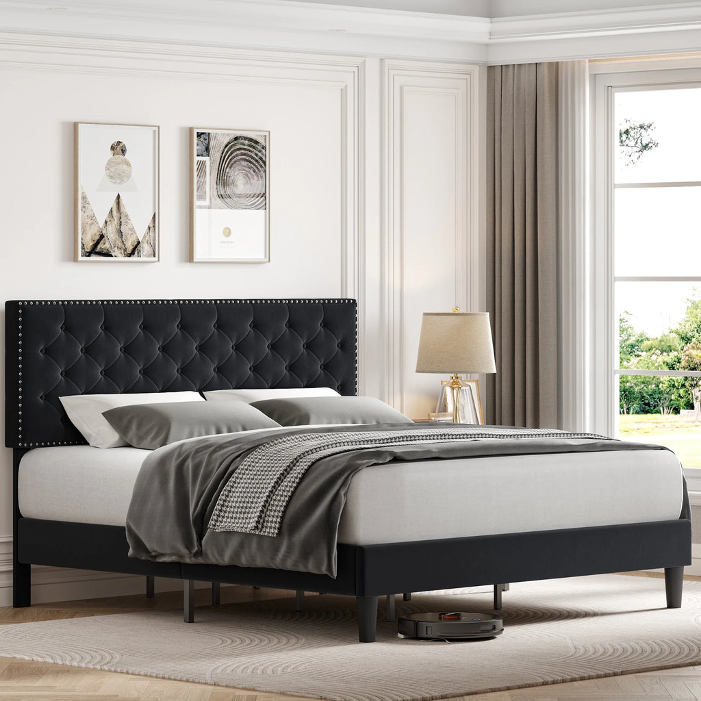 King Size Upholstered Platform Bed with Adjustable Headboard J6283