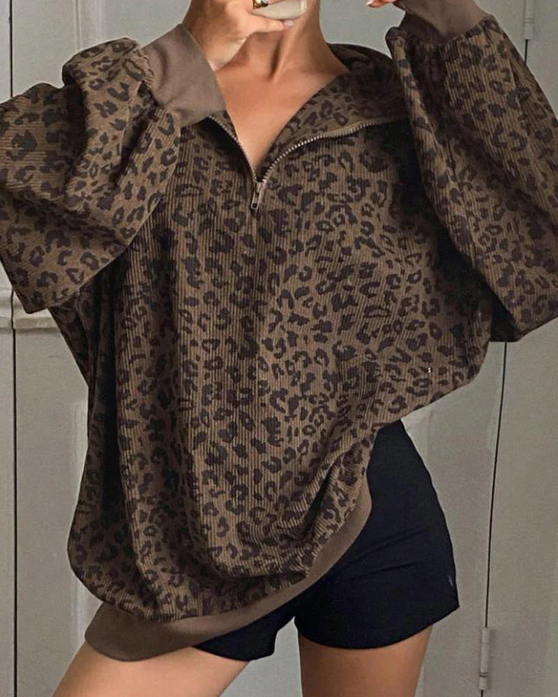 Women Zip Up Long Sleeve Leopard Print Sweatshirt A357361