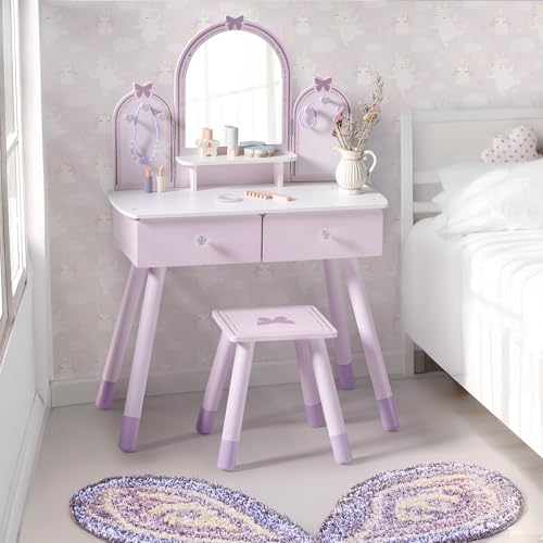 Purple Kids Vanity Set with Mirror, Chair and Storage Drawers J119