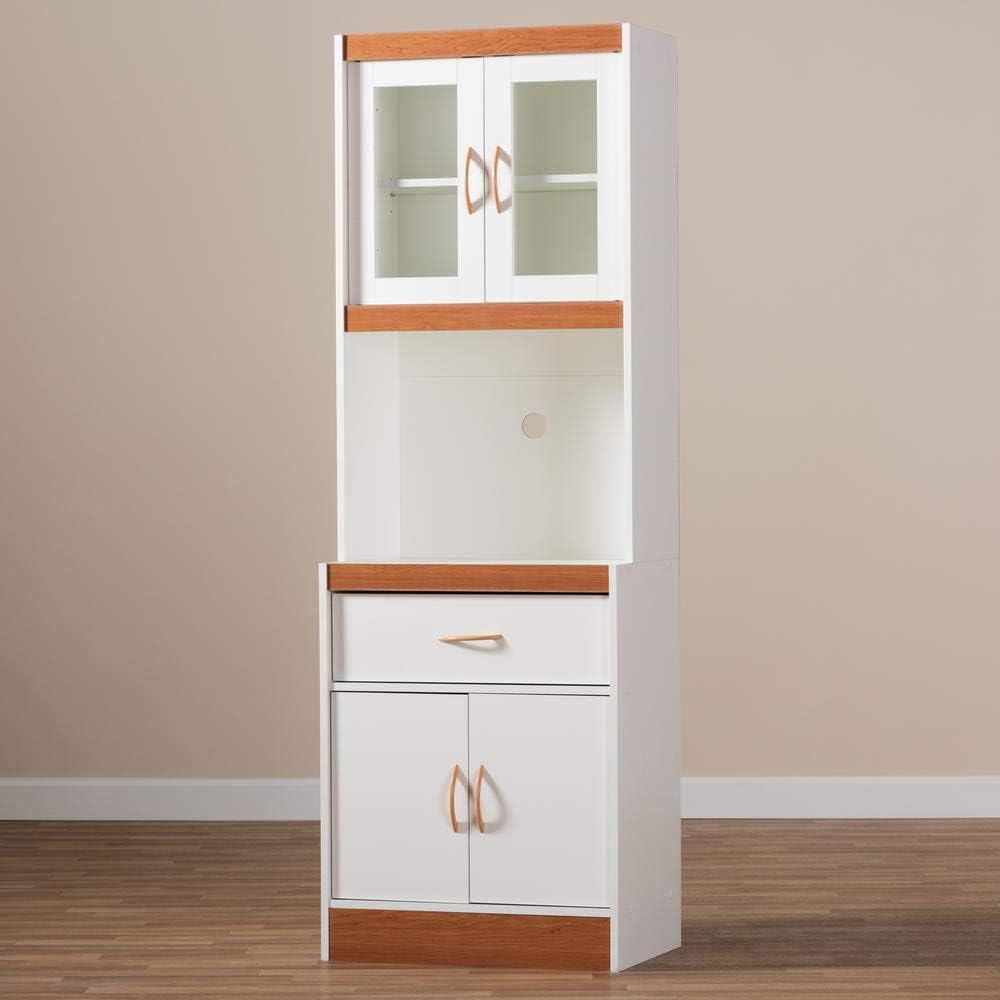 White and Cherry Finished Kitchen Cabinet and Hutch L29603
