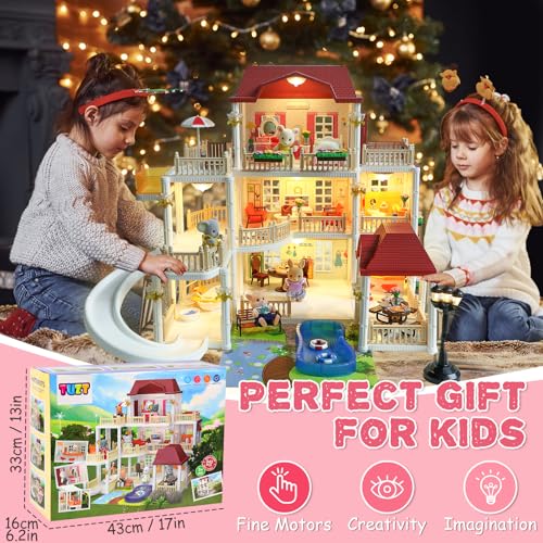 Dollhouse with 4 Doll Toy Figures, Pool Slide, Elevator, Furniture and Lights I768576