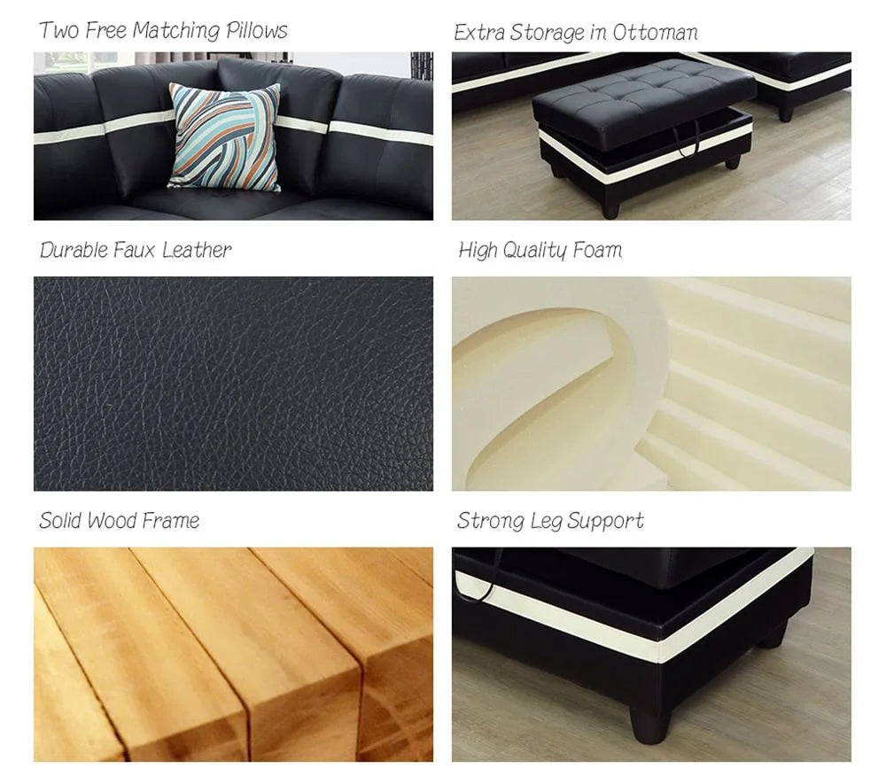 Black & White Faux Leather Sectional with Ottoman Left Hand Facing B35435