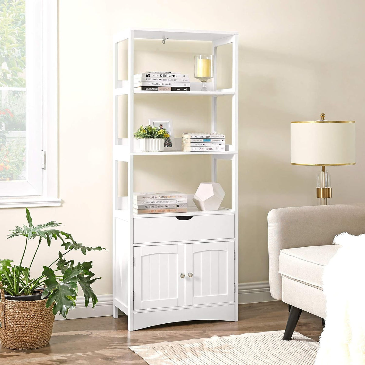White Free Standing Storage Cabinet with 3 Shelves D5809