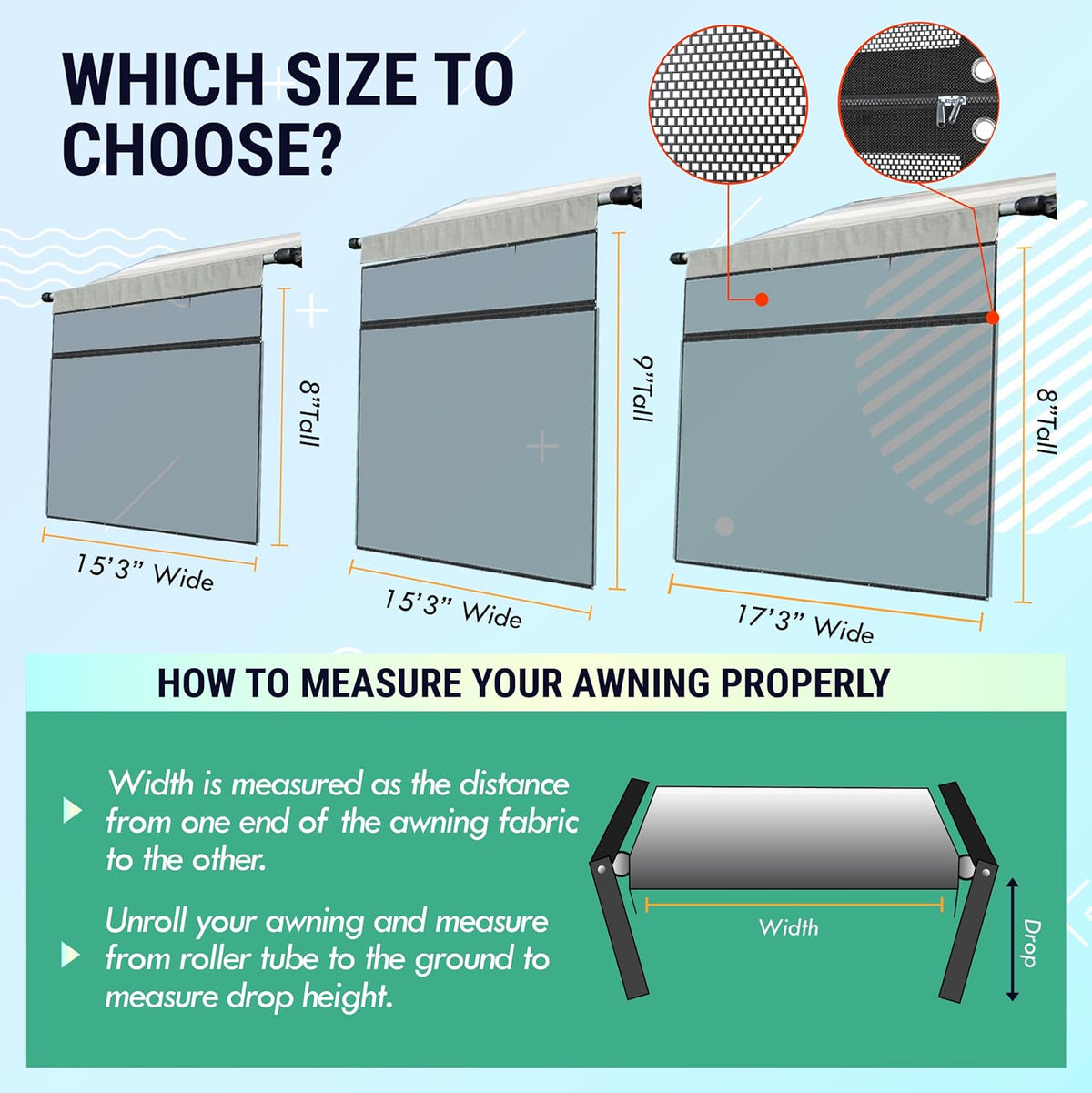 RV Awning Shade Screen 8x17.3' Mesh with Zipper E880678