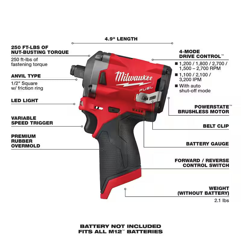 12V Brushless Cordless 3/8 in. and 1/2 in. Impact Wrench C4563