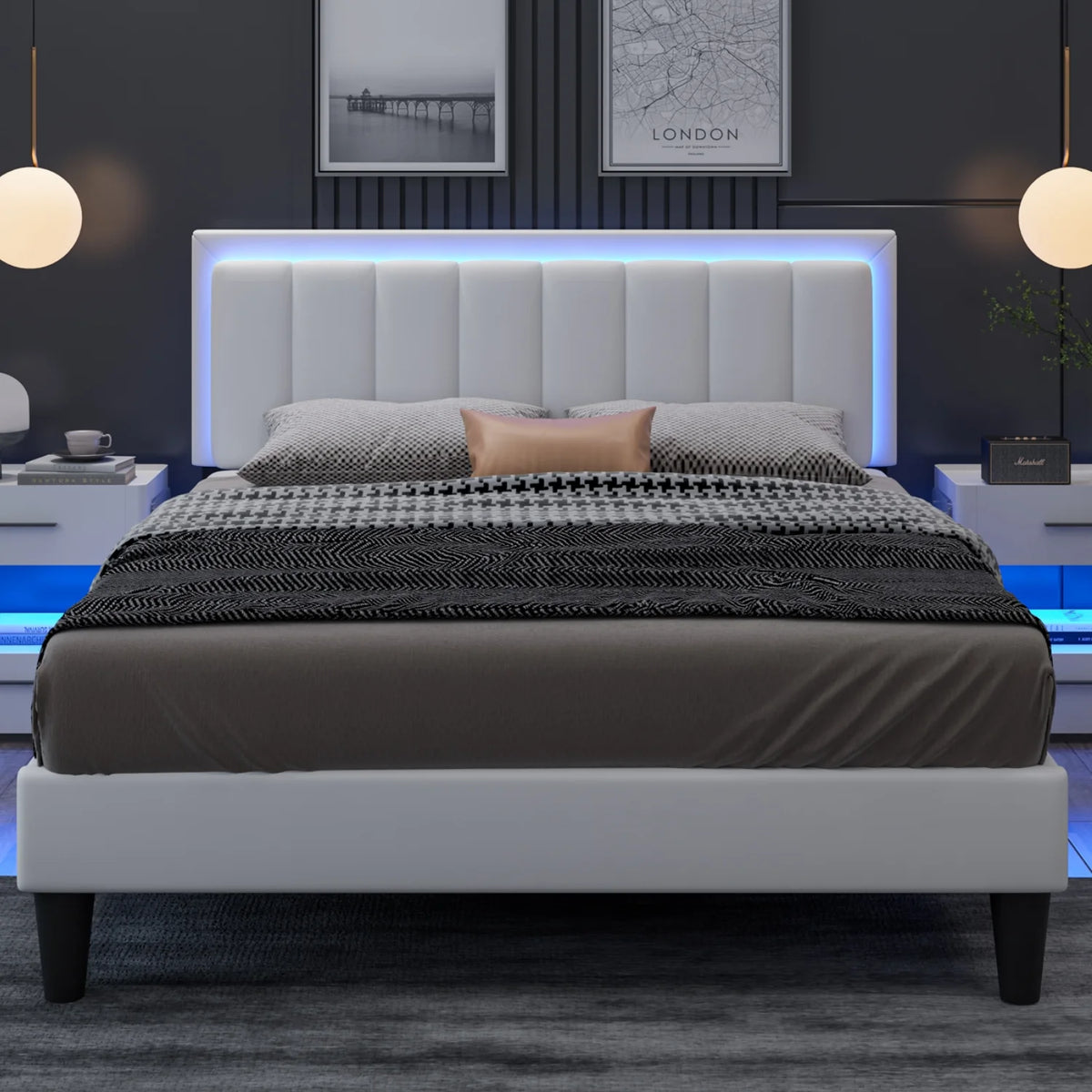 Queen Size LED Upholstered Platform Bed Frame M8883