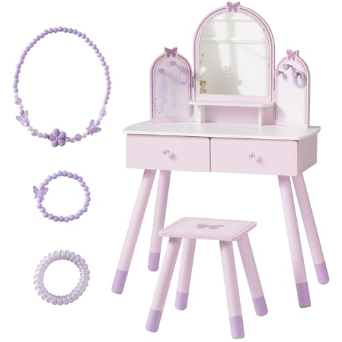 Purple Kids Vanity Set with Mirror, Chair and Storage Drawers J119