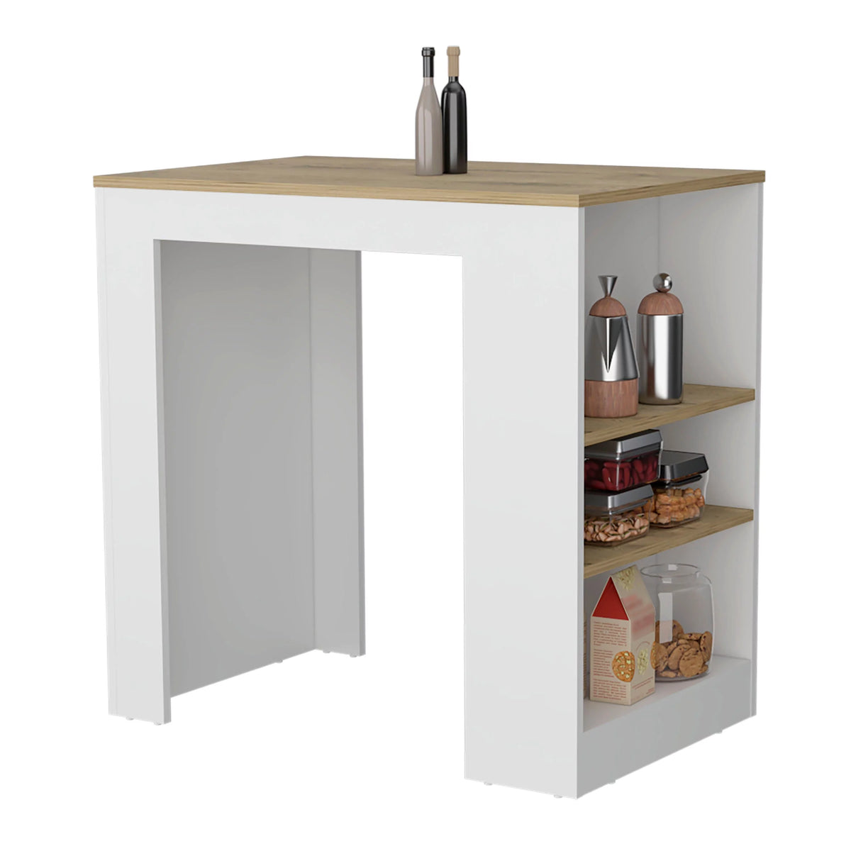 White Kitchen Island Bar Table with 3-Side Shelves T7801