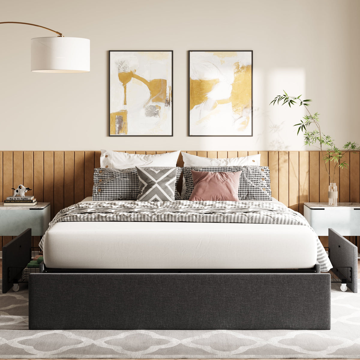 Queen Size Upholstered Platform Bed Frame with 3 Storage Drawers Y47135