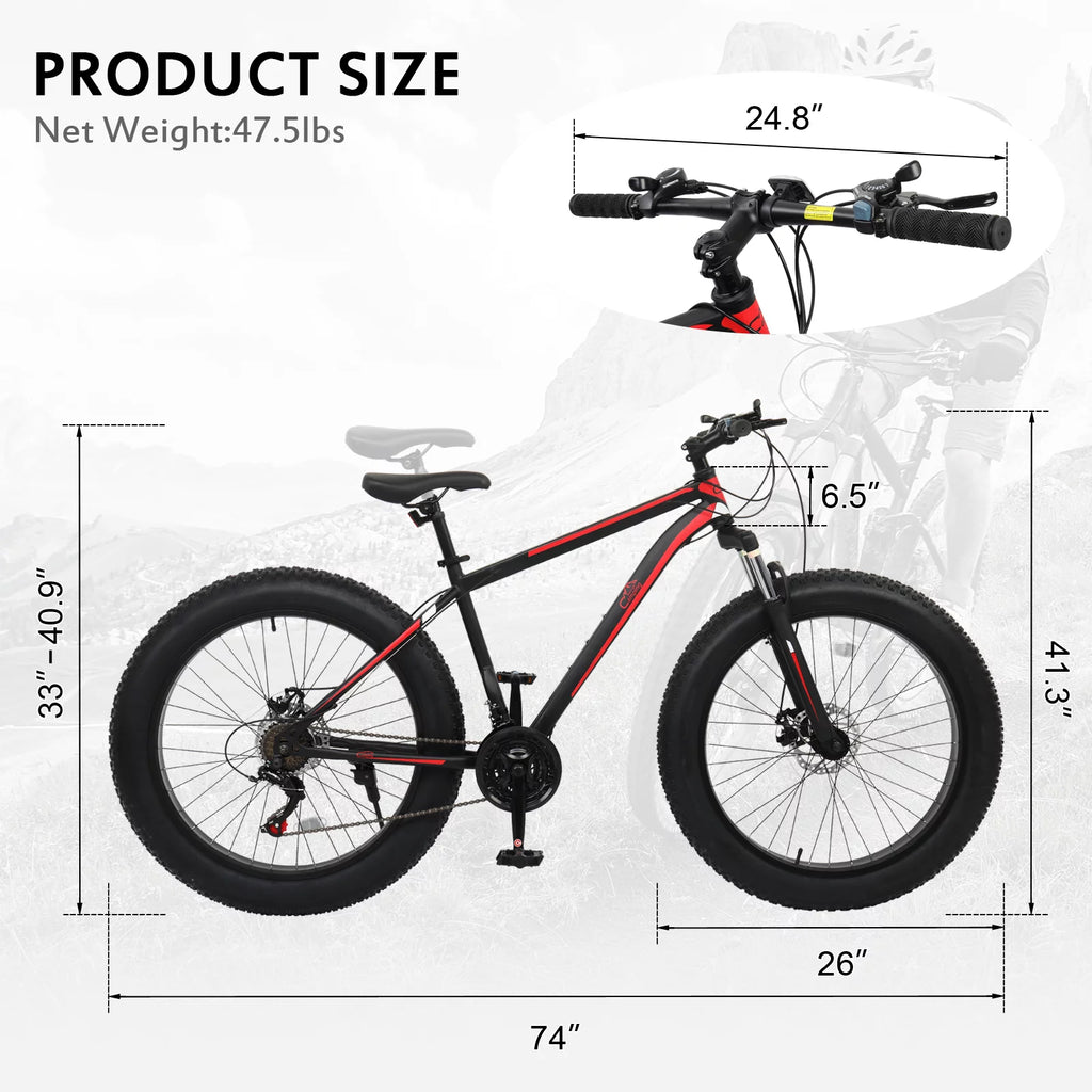 26in Fat Tire Mountain Bike 21 Speeds Red Black K59415