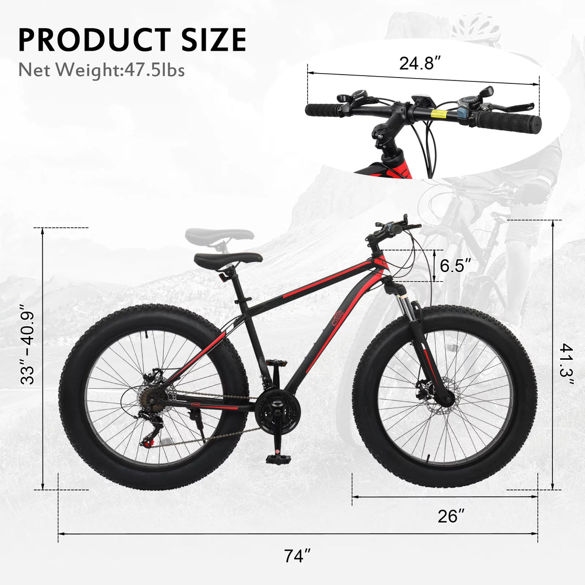 26in Fat Tire Mountain Bike 21 Speeds Red Black K59415