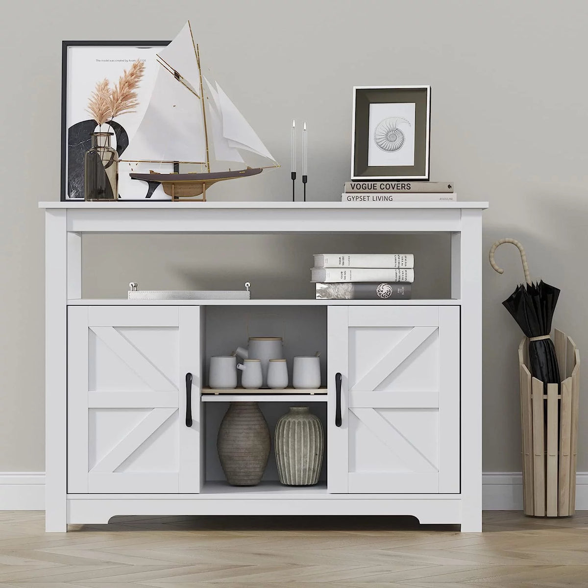 White Farmhouse Kitchen Buffet Storage Cabinet with Doors and Adjustable Shelves T9864