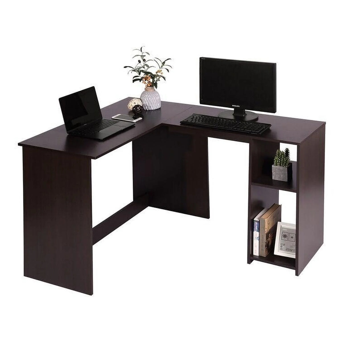 L-Shaped Corner Computer Desk with Shelves A480