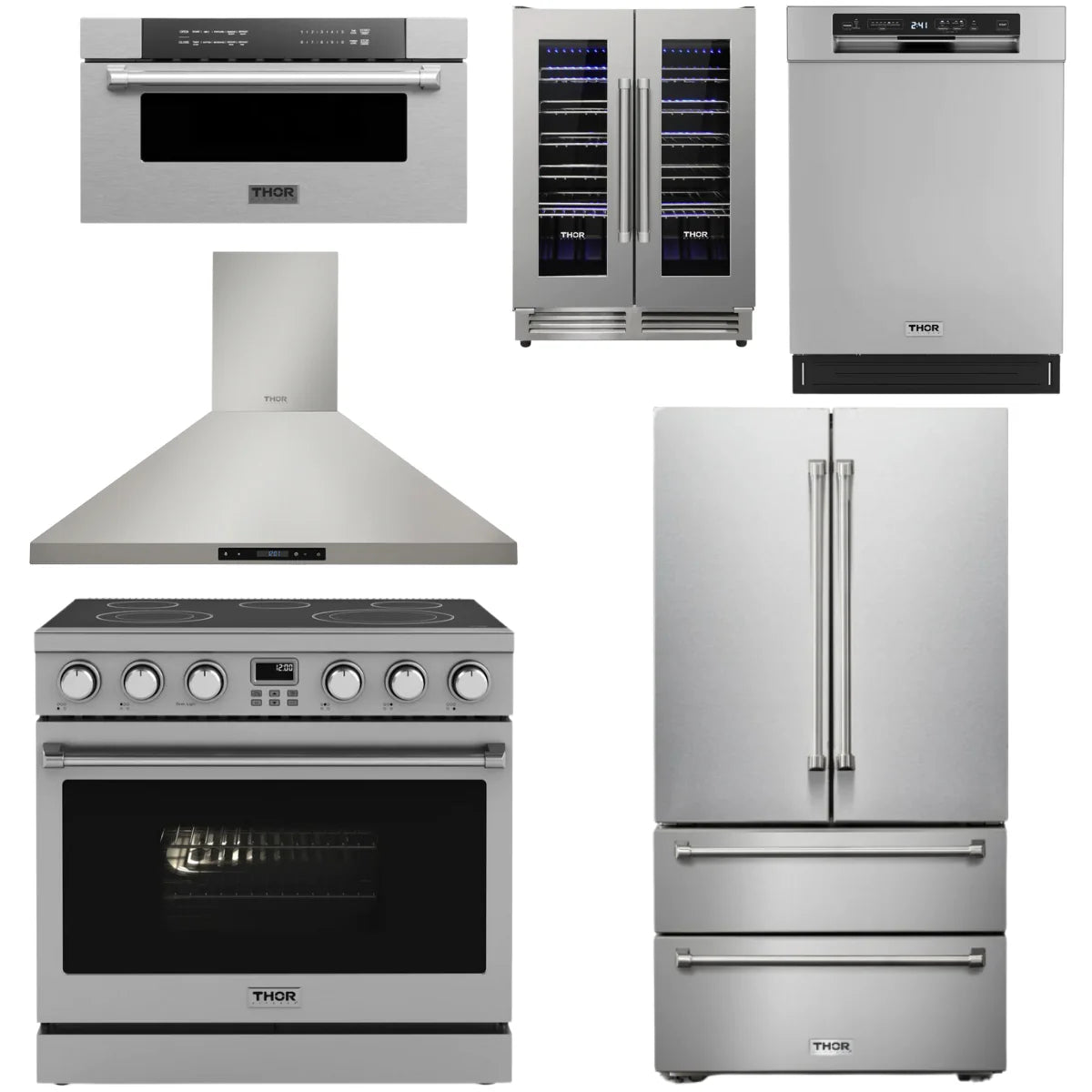 36 Electric Range, Range Hood, Refrigerator, Dishwasher, Microwave and Wine Cooler Q743