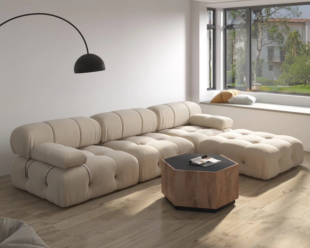 L-Shaped Velvet 3-Seat Sofa with Ottoman Y598024