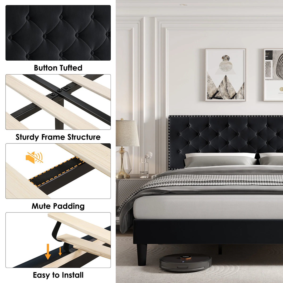 King Size Upholstered Platform Bed with Adjustable Headboard J6283