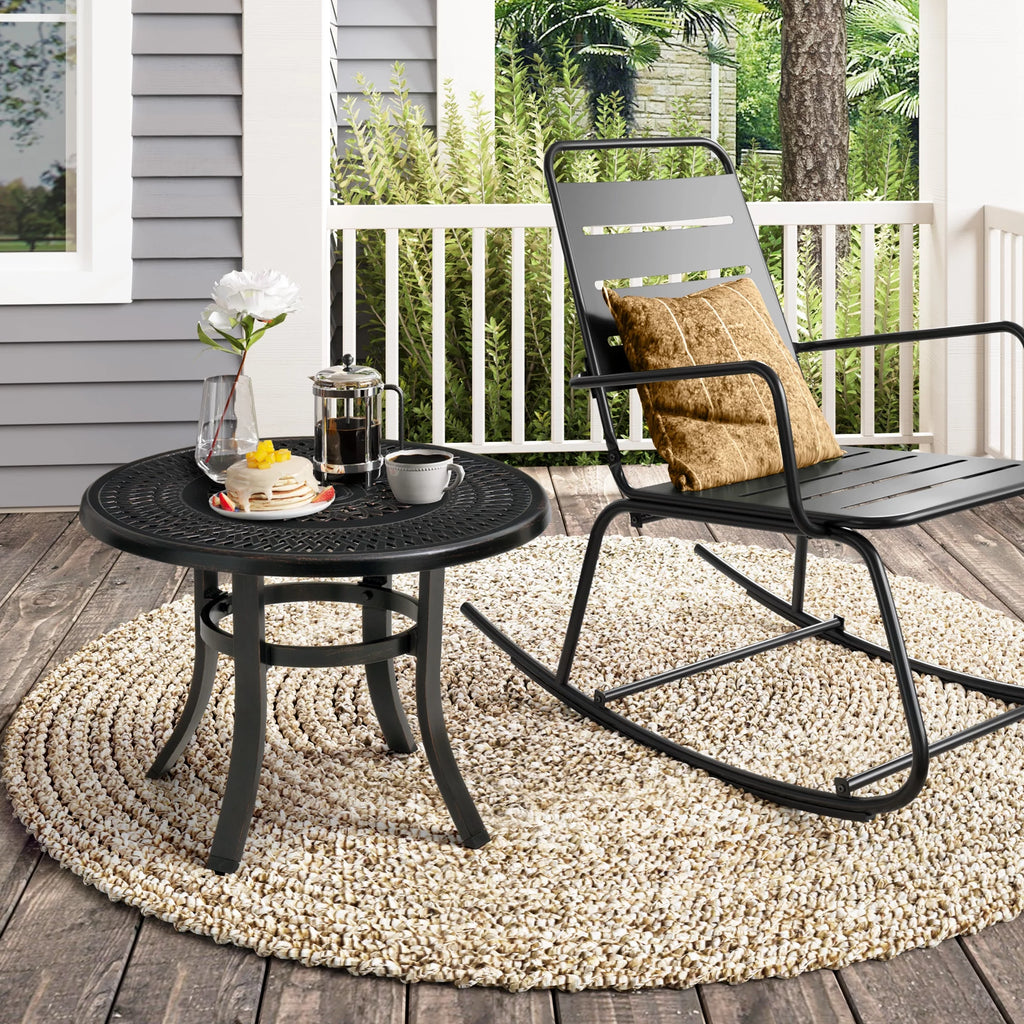 Cast Aluminum Round Patio Side Table with Umbrella Hole Black K18113