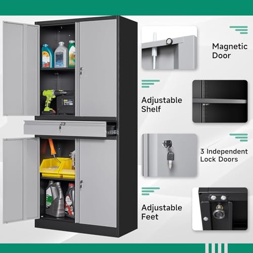 Metal Garage Storage Cabinet with Drawer, 4 Door Tool Cabinet with Lock K264