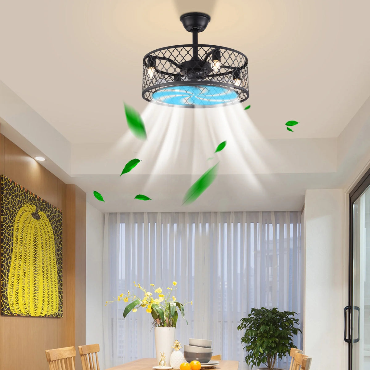 20 inch 5-Blades Caged Ceiling Fan with Light and Remote Matte Black S62669