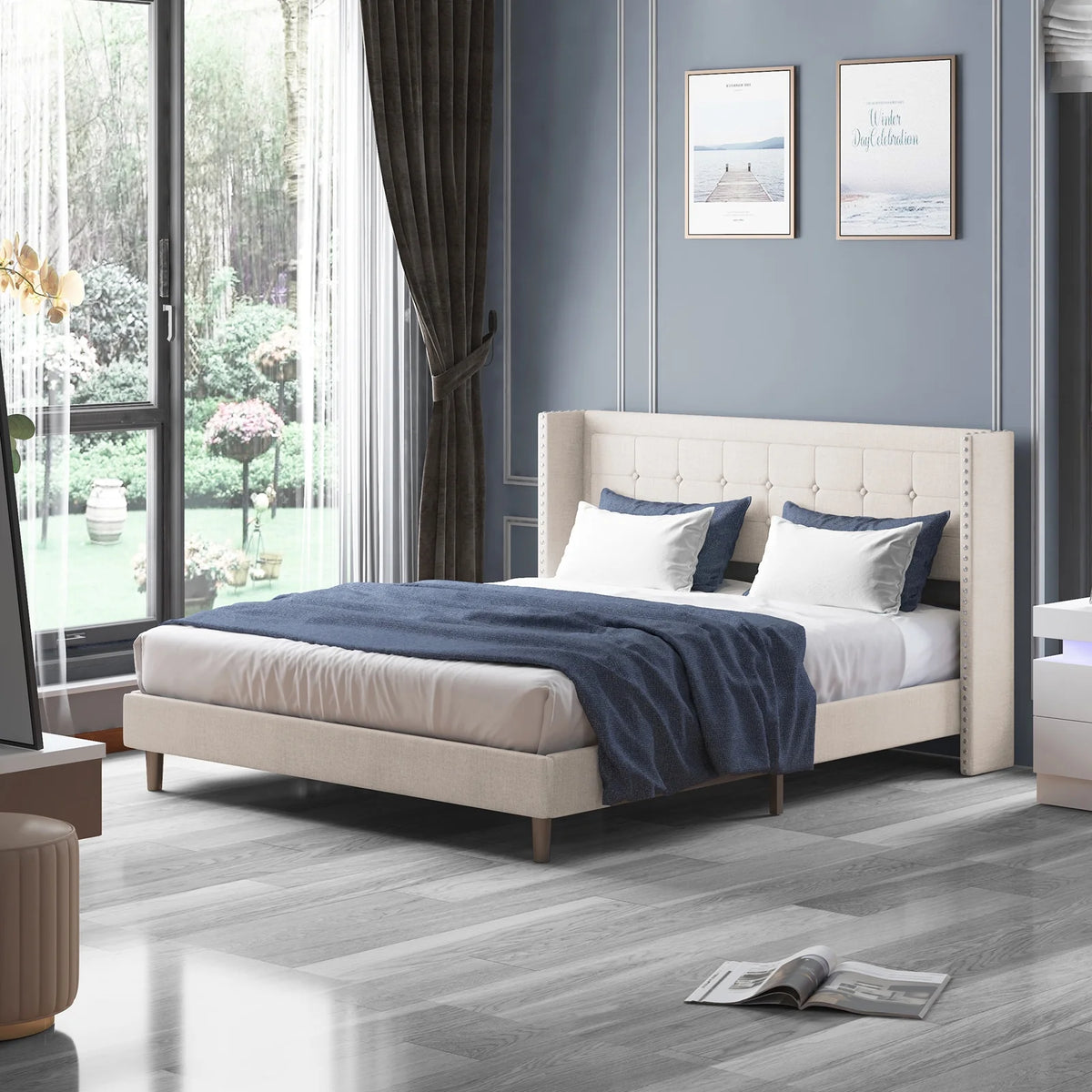 King Size Linen Upholstered Platform Bed Frame with Headboard P506
