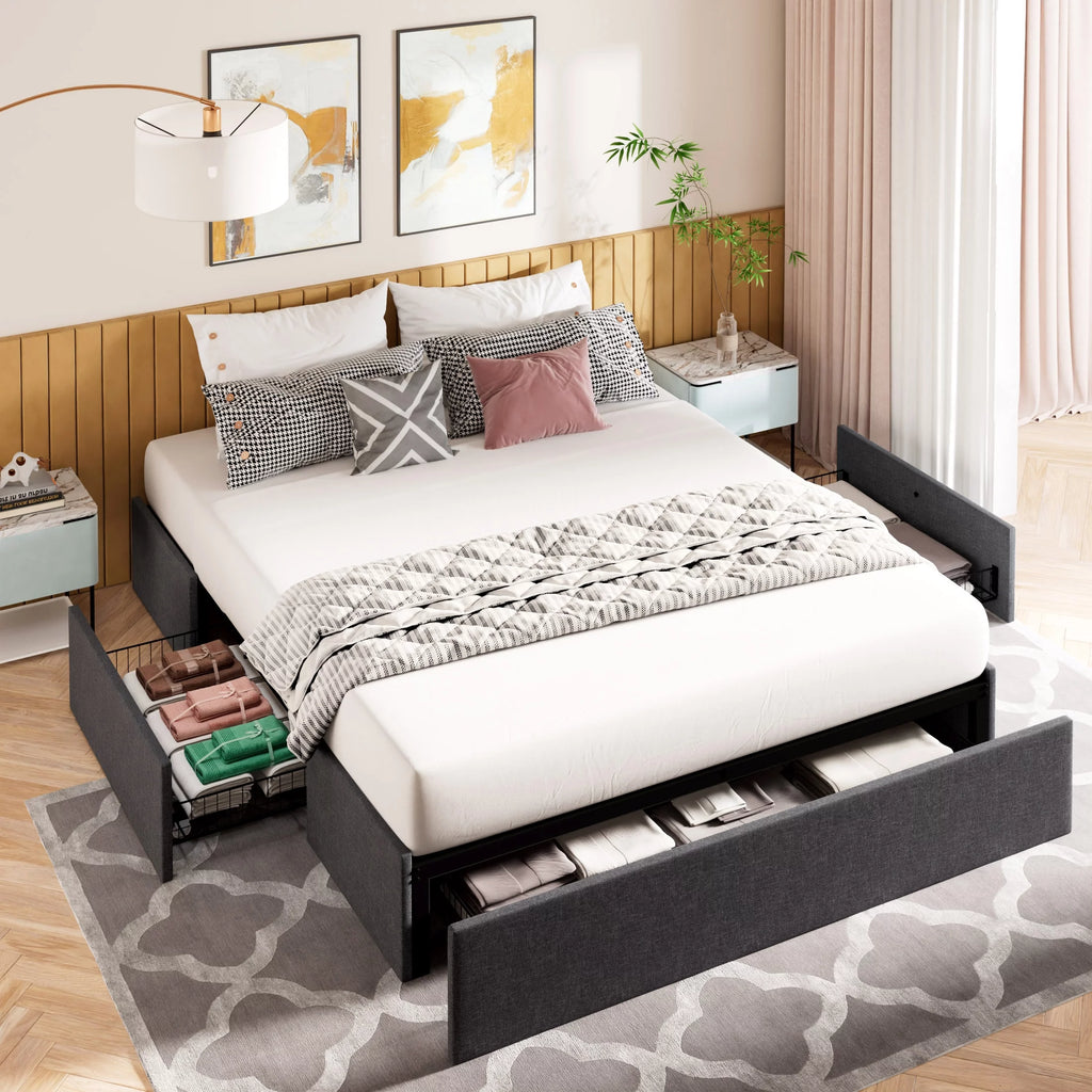Queen Size Upholstered Platform Bed Frame with 3 Storage Drawers Y47135