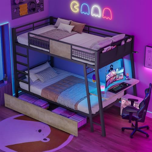 Twin Over Twin Metal Bunk Bed with Desk and Storage Drawers R971