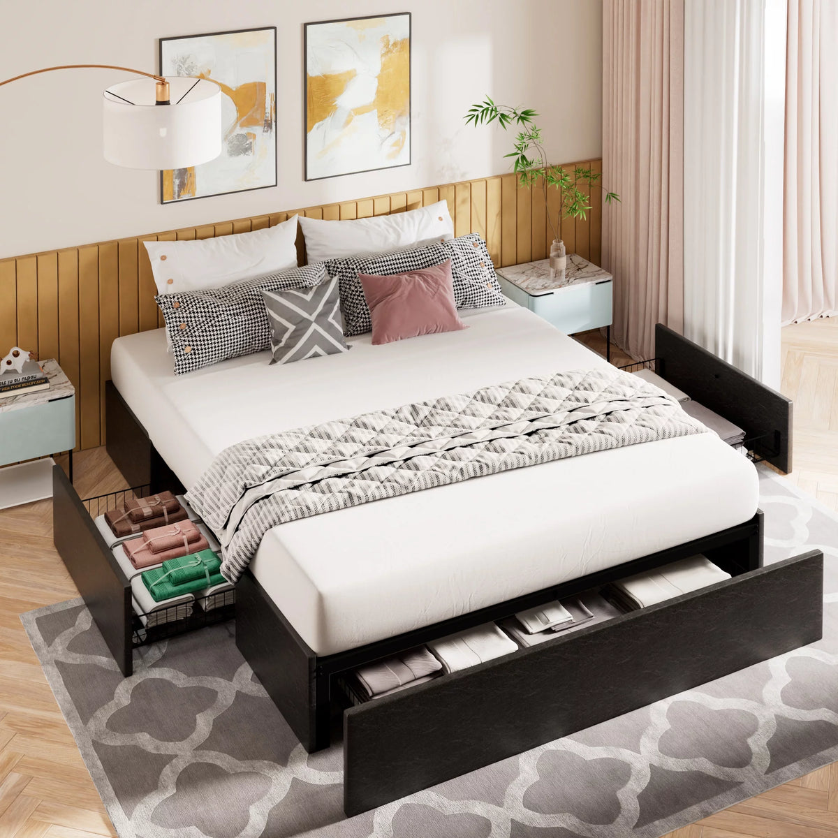 Queen Size Upholstered Platform Bed Frame with 3 Storage Drawers Y47135