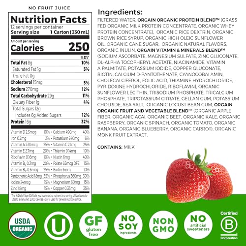 Organic Vanilla Bean Protein Shake, 16g Grass Fed Whey, 11 Fl Oz (12 Pack) D517011